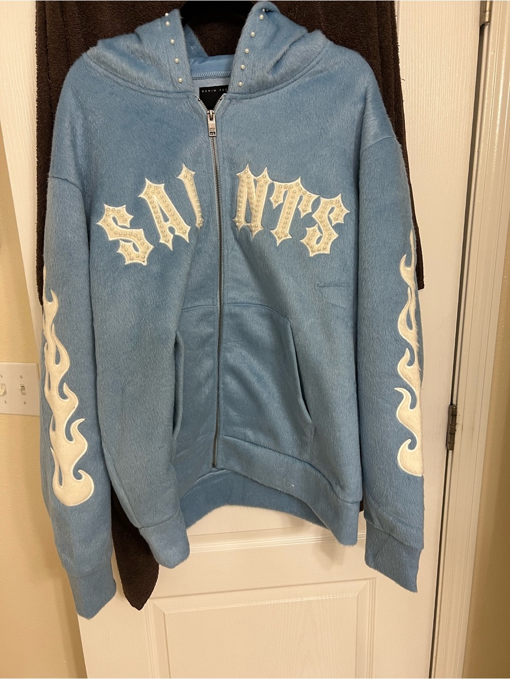 Copper Rivet Saints mohair Hoodie Sweater with White Flame Accents
